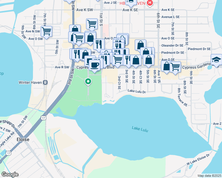 map of restaurants, bars, coffee shops, grocery stores, and more near 2208 San Marcos Drive Southeast in Winter Haven
