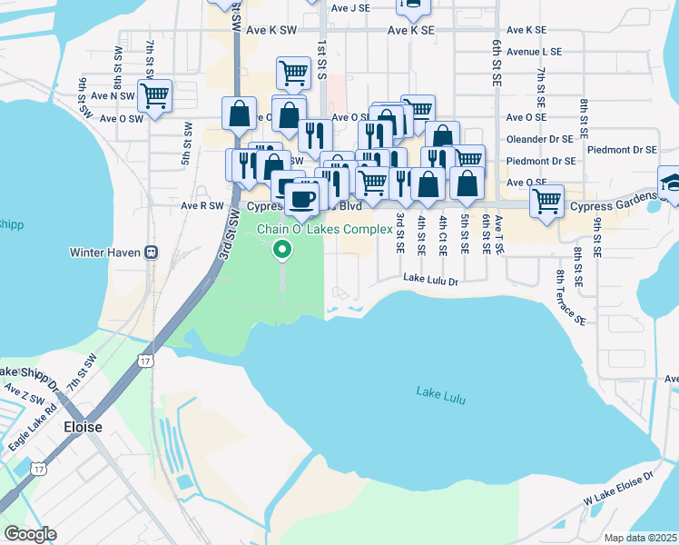 map of restaurants, bars, coffee shops, grocery stores, and more near 2208 San Marcos Drive Southeast in Winter Haven