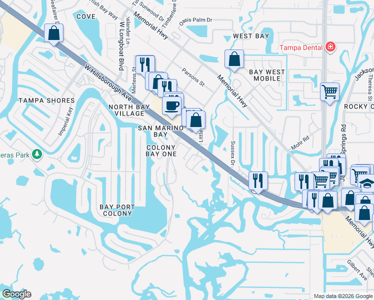 map of restaurants, bars, coffee shops, grocery stores, and more near 9616 Bay Grove Lane in Tampa