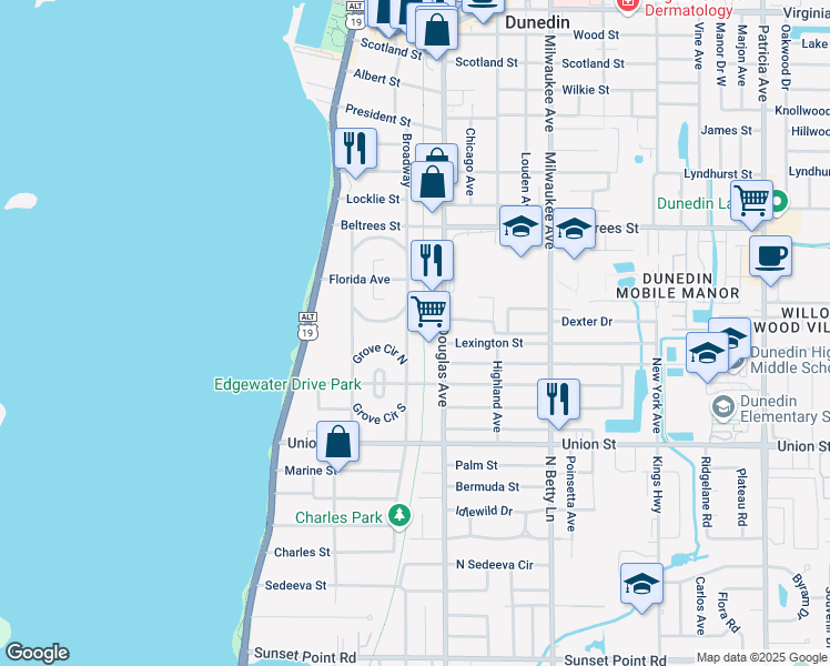 map of restaurants, bars, coffee shops, grocery stores, and more near 258 Grove Circle North in Dunedin