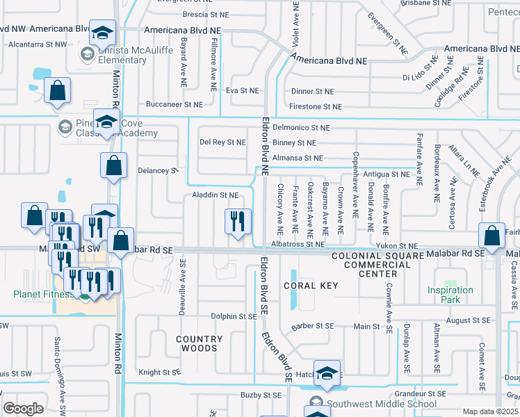 map of restaurants, bars, coffee shops, grocery stores, and more near 182 Eldron Boulevard Northeast in Palm Bay