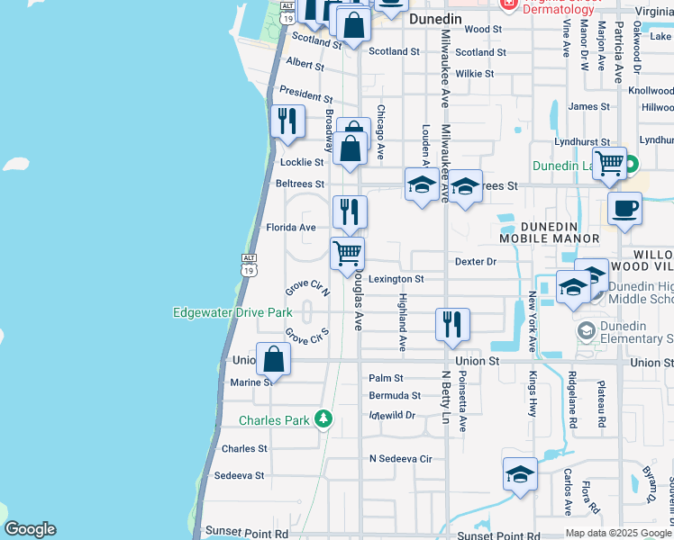 map of restaurants, bars, coffee shops, grocery stores, and more near 258 Grove Circle North in Dunedin