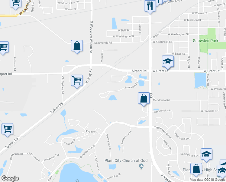 map of restaurants, bars, coffee shops, grocery stores, and more near 1424 Plantation Circle in Plant City