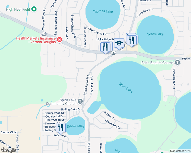 map of restaurants, bars, coffee shops, grocery stores, and more near 2036 Spirit Lake Road in Winter Haven