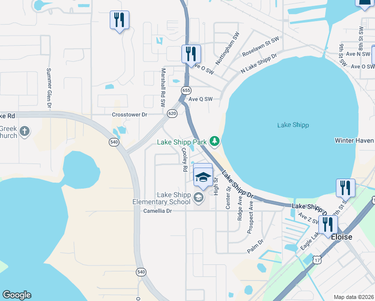 map of restaurants, bars, coffee shops, grocery stores, and more near 102 Landings Way in Winter Haven