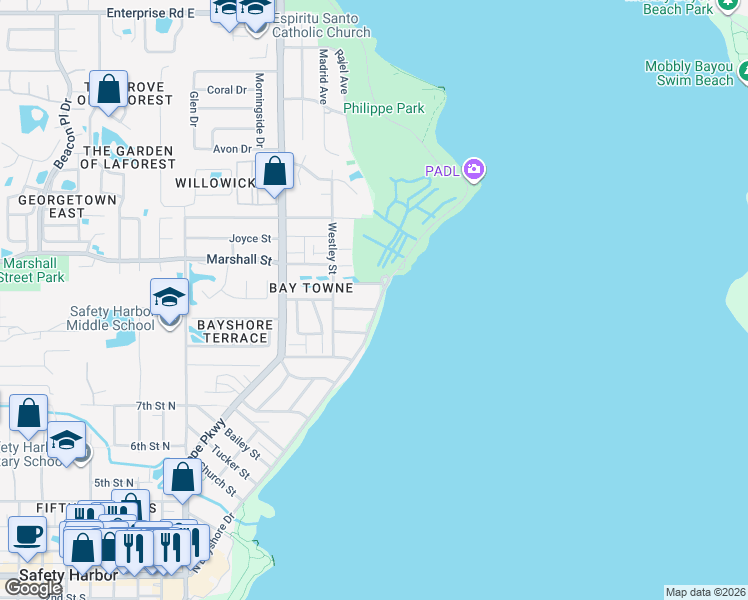map of restaurants, bars, coffee shops, grocery stores, and more near 1405 North Bayshore Drive in Safety Harbor