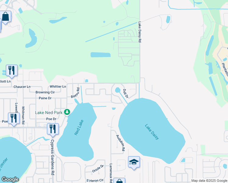 map of restaurants, bars, coffee shops, grocery stores, and more near 408 Coleman Drive East in Cypress Gardens