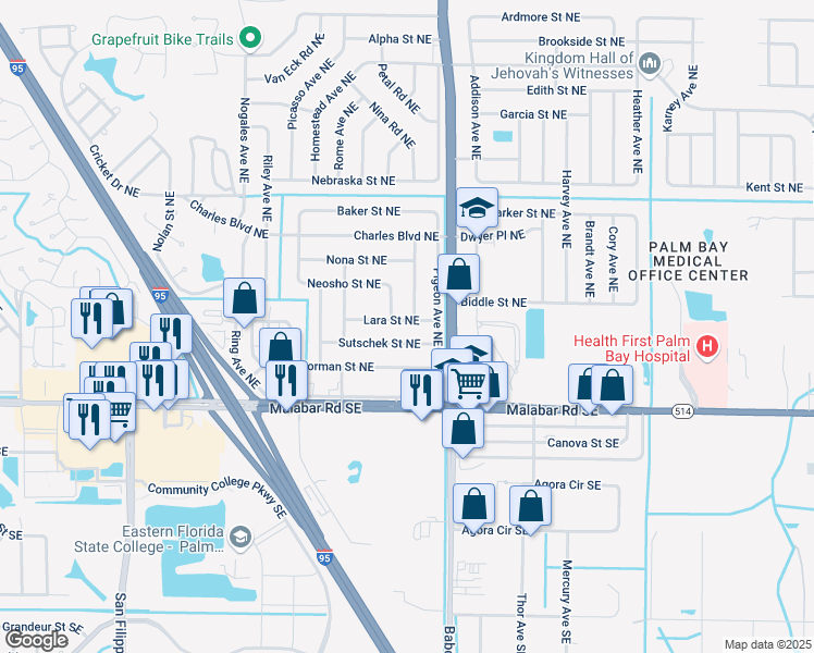 map of restaurants, bars, coffee shops, grocery stores, and more near 1666 Lara Street Northeast in Palm Bay