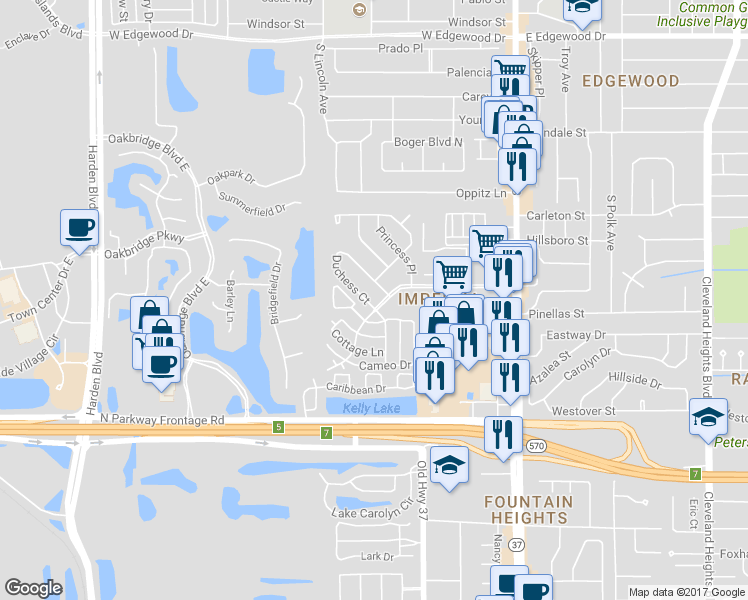 map of restaurants, bars, coffee shops, grocery stores, and more near 419 Duchess Court in Lakeland