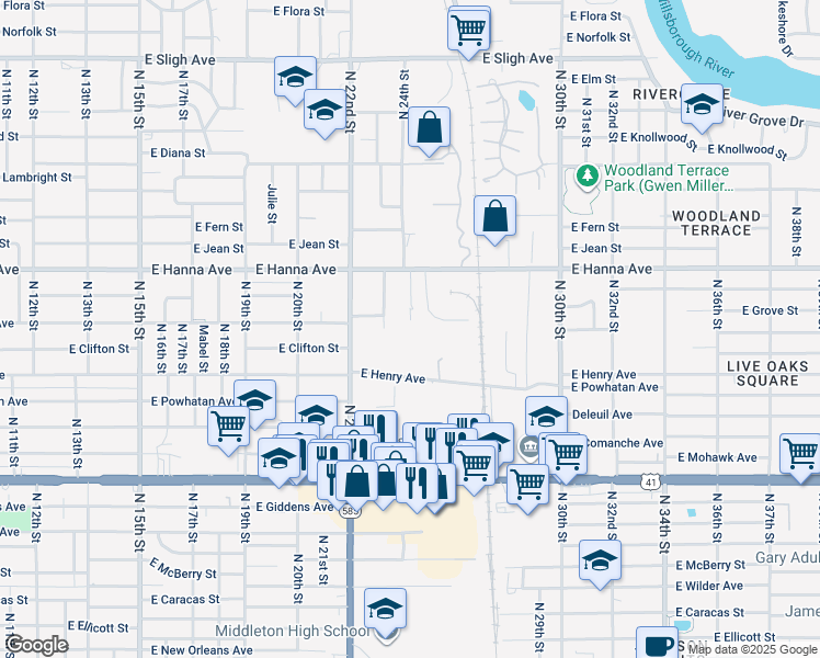map of restaurants, bars, coffee shops, grocery stores, and more near 2425 East Hanna Avenue in Tampa