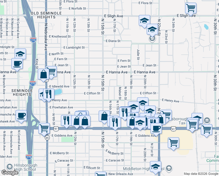 map of restaurants, bars, coffee shops, grocery stores, and more near 1603 East Paris Street in Tampa