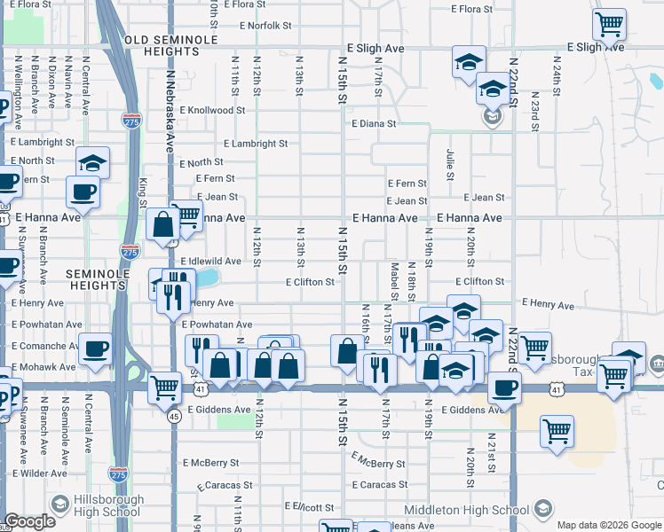 map of restaurants, bars, coffee shops, grocery stores, and more near 1424 East Idlewild Avenue in Tampa