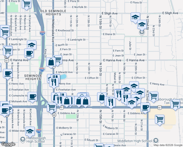 map of restaurants, bars, coffee shops, grocery stores, and more near 1408 East Idlewild Avenue in Tampa