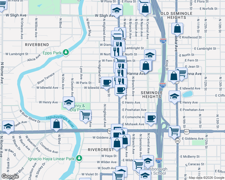 map of restaurants, bars, coffee shops, grocery stores, and more near 6004 North Tampa Street in Tampa