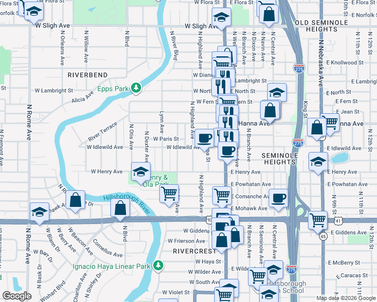 map of restaurants, bars, coffee shops, grocery stores, and more near 6002 North Highland Avenue in Tampa