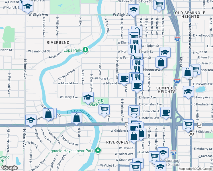 map of restaurants, bars, coffee shops, grocery stores, and more near 404 West Paris Street in Tampa