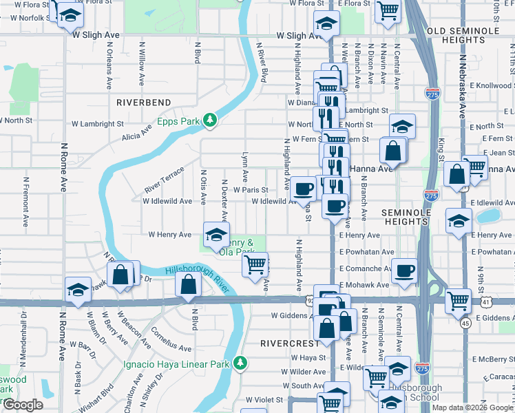 map of restaurants, bars, coffee shops, grocery stores, and more near 404 West Paris Street in Tampa