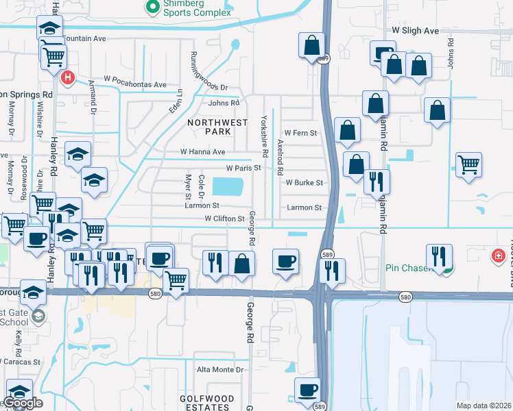 map of restaurants, bars, coffee shops, grocery stores, and more near 5916 Yorkshire Road in Tampa