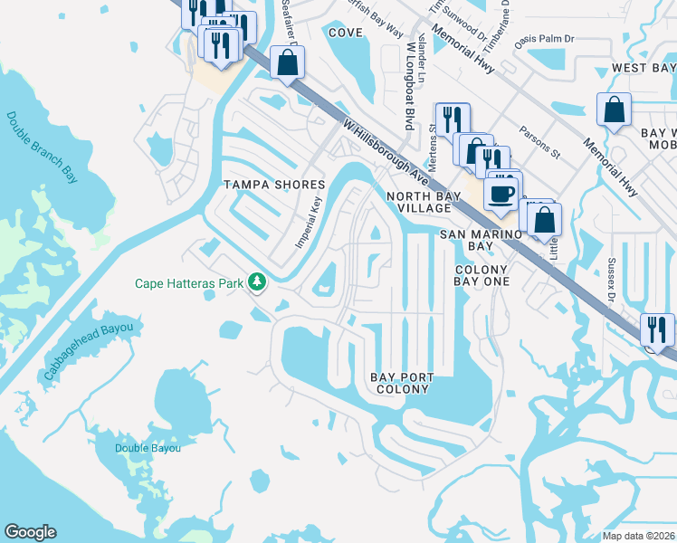 map of restaurants, bars, coffee shops, grocery stores, and more near 6150 West Longboat Boulevard in Tampa