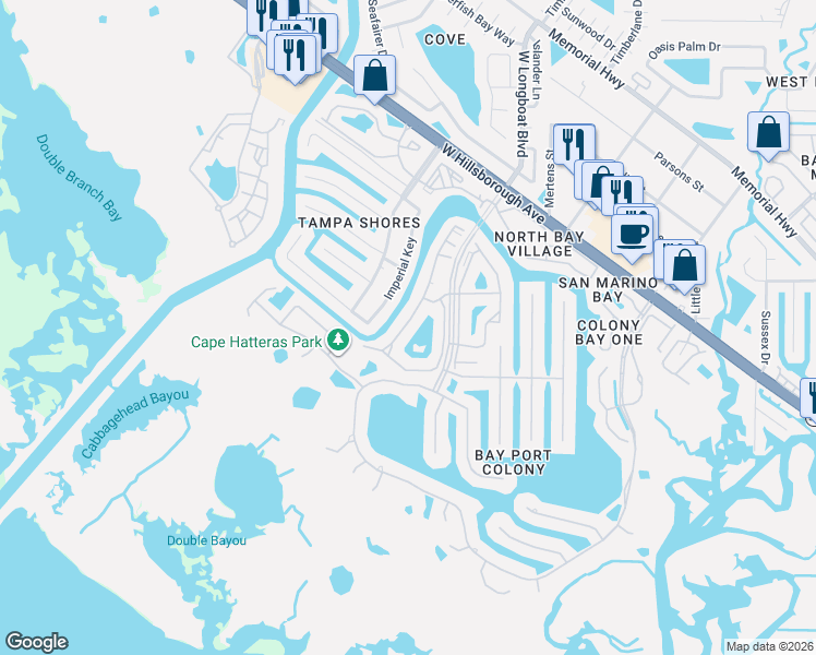 map of restaurants, bars, coffee shops, grocery stores, and more near 5506 Baywater Drive in Tampa