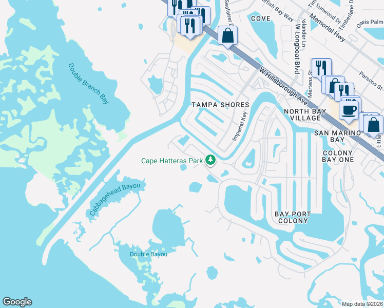 map of restaurants, bars, coffee shops, grocery stores, and more near 10627 Hatteras Drive in Tampa