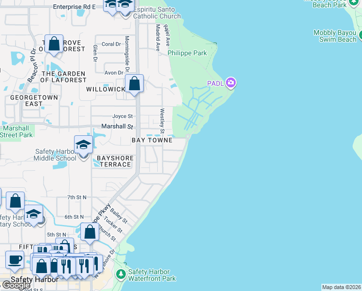 map of restaurants, bars, coffee shops, grocery stores, and more near 1407 North Bayshore Drive in Safety Harbor