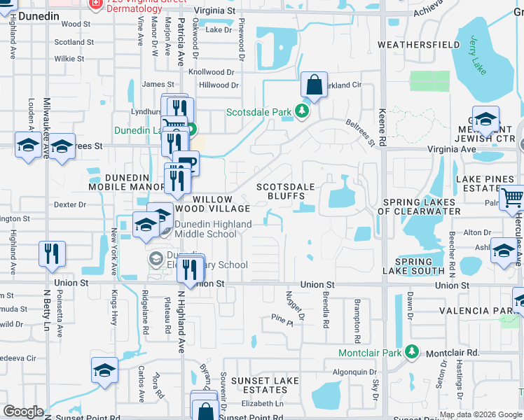 map of restaurants, bars, coffee shops, grocery stores, and more near 1180 Somerset Circle South in Dunedin