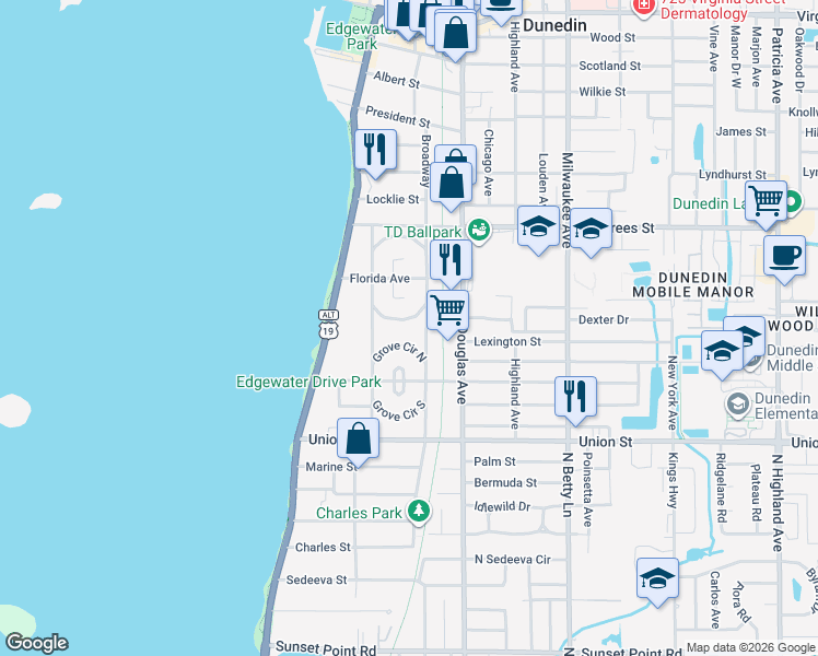 map of restaurants, bars, coffee shops, grocery stores, and more near 232 Broadway in Dunedin
