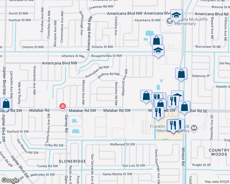 map of restaurants, bars, coffee shops, grocery stores, and more near 184 Benchor Road Northwest in Palm Bay