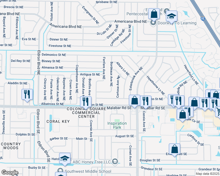 map of restaurants, bars, coffee shops, grocery stores, and more near 210 Bordeaux Avenue Northeast in Palm Bay