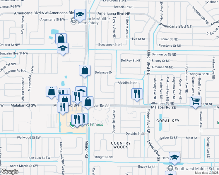 map of restaurants, bars, coffee shops, grocery stores, and more near 134 Amanda Street Northeast in Palm Bay