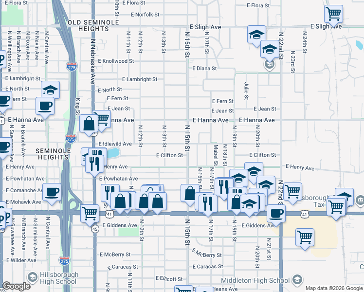 map of restaurants, bars, coffee shops, grocery stores, and more near 1415 East Idlewild Avenue in Tampa