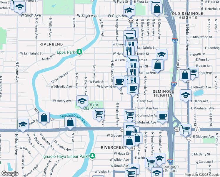 map of restaurants, bars, coffee shops, grocery stores, and more near 6002 North Highland Avenue in Tampa