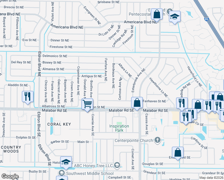 map of restaurants, bars, coffee shops, grocery stores, and more near 210 Bordeaux Avenue Northeast in Palm Bay