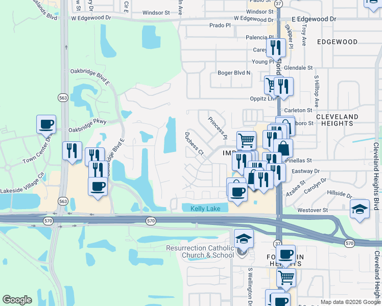 map of restaurants, bars, coffee shops, grocery stores, and more near 724 Barber Circle in Lakeland