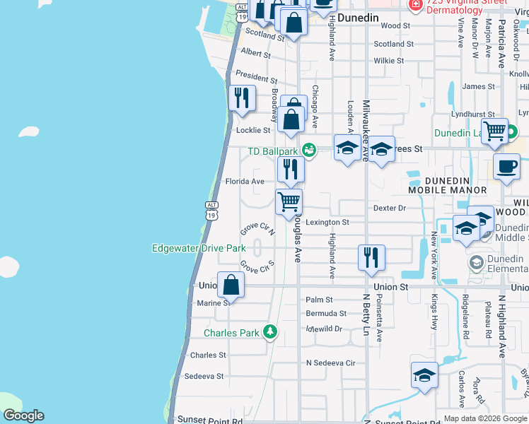 map of restaurants, bars, coffee shops, grocery stores, and more near 245 Garden Circle South in Dunedin