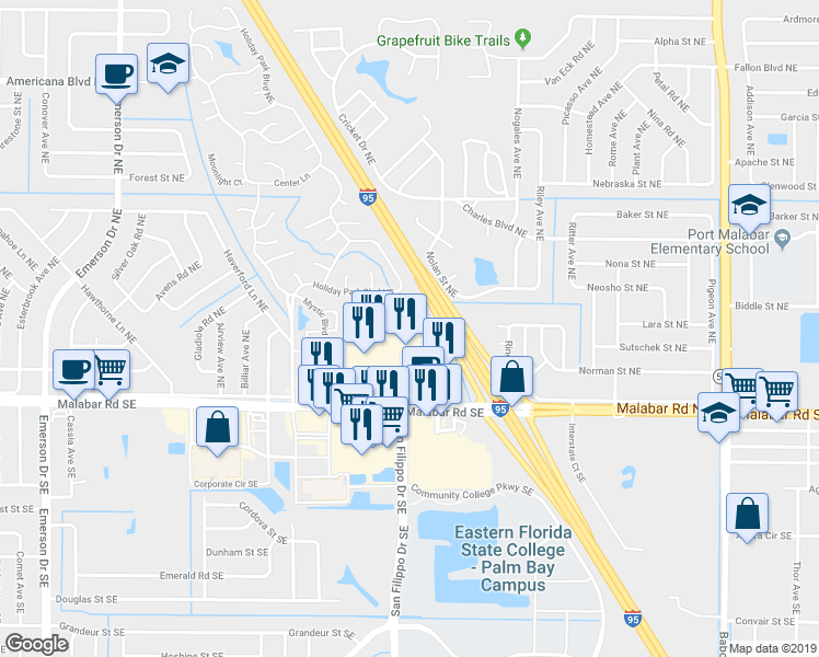 map of restaurants, bars, coffee shops, grocery stores, and more near 220 Interchange Drive Northeast in Palm Bay