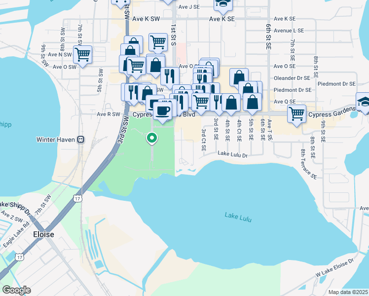 map of restaurants, bars, coffee shops, grocery stores, and more near 2040 San Marcos Drive Southeast in Winter Haven