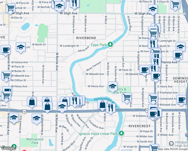 map of restaurants, bars, coffee shops, grocery stores, and more near 816 West Idlewild Avenue in Tampa