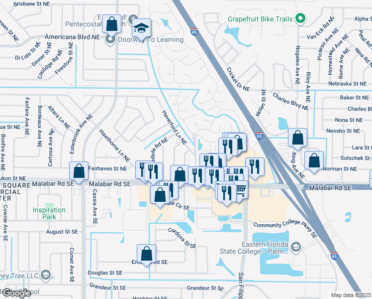 map of restaurants, bars, coffee shops, grocery stores, and more near 198 Eureka Avenue Northeast in Palm Bay