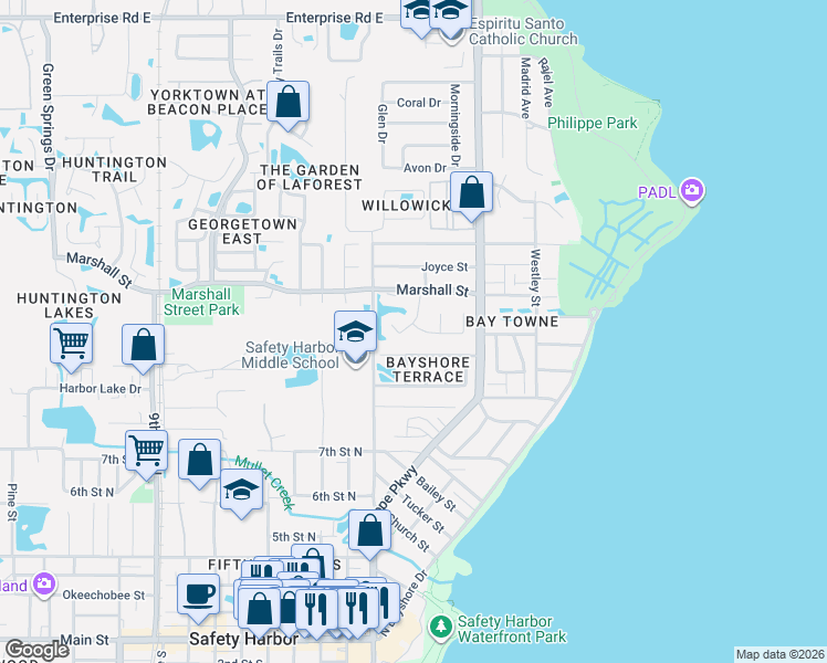 map of restaurants, bars, coffee shops, grocery stores, and more near 1414 Wickford Street in Safety Harbor
