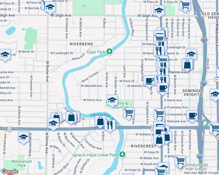 map of restaurants, bars, coffee shops, grocery stores, and more near 6003 North Otis Avenue in Tampa