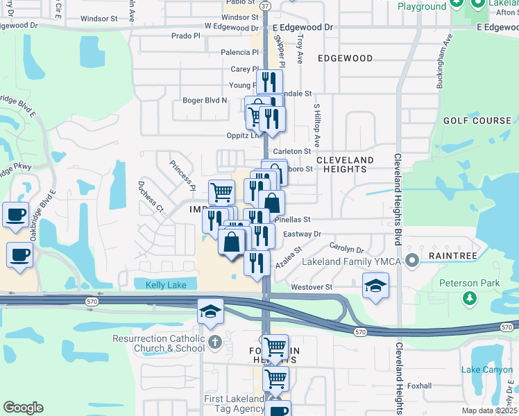 map of restaurants, bars, coffee shops, grocery stores, and more near 3408 Florida 37 in Lakeland