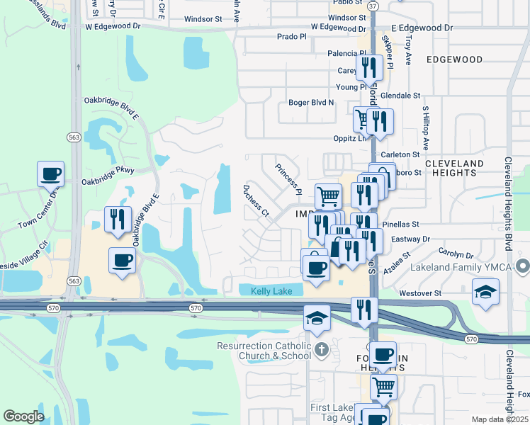map of restaurants, bars, coffee shops, grocery stores, and more near 423 Duchess Drive in Lakeland