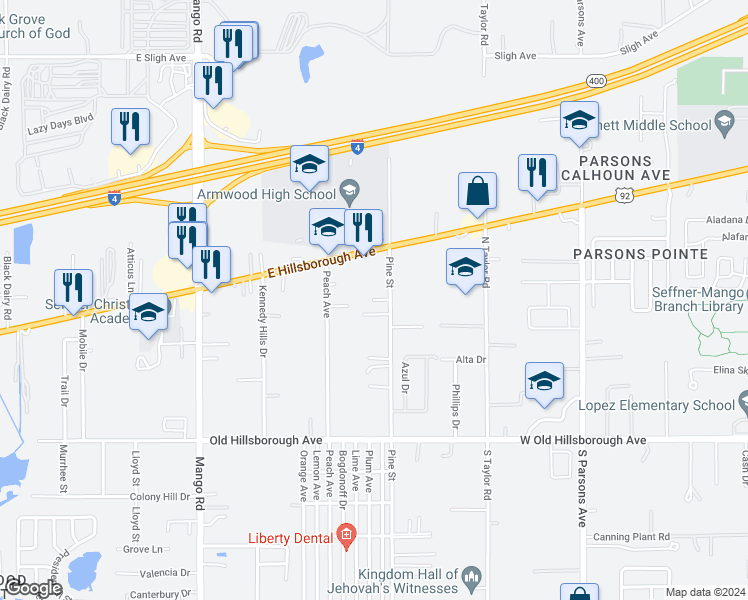 map of restaurants, bars, coffee shops, grocery stores, and more near 5636 Pine Street in Seffner