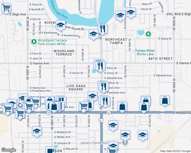 map of restaurants, bars, coffee shops, grocery stores, and more near 6016 North 40th Street in Tampa