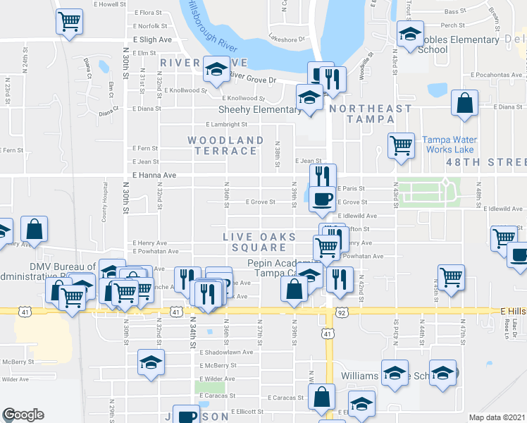 map of restaurants, bars, coffee shops, grocery stores, and more near 3710 East Grove Street in Tampa