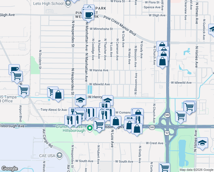 map of restaurants, bars, coffee shops, grocery stores, and more near 6004 North Thatcher Avenue in Tampa