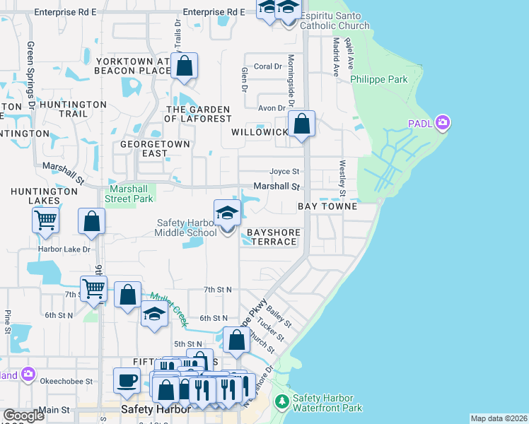 map of restaurants, bars, coffee shops, grocery stores, and more near 1414 Wickford Street in Safety Harbor