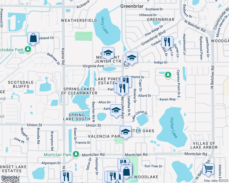 map of restaurants, bars, coffee shops, grocery stores, and more near 1936 Palm Drive in Clearwater